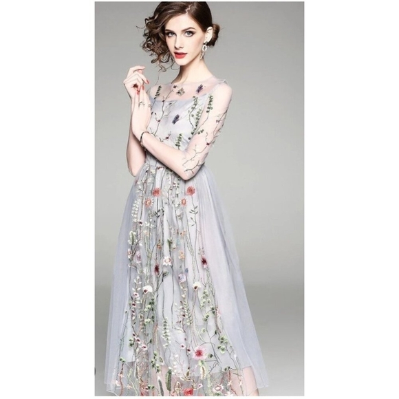 Misslook Mesh Sheer Floral Embroidered Dress Boho Cottagecore Midi 3/4 Sleeve 12 - Picture 1 of 16